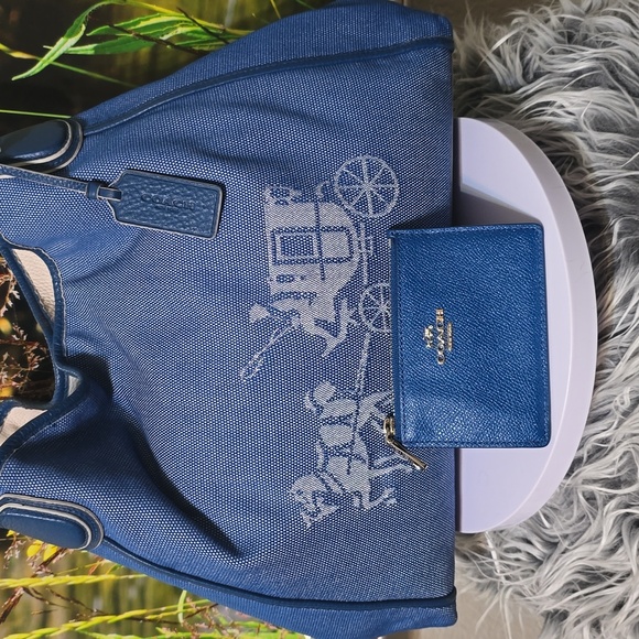 Coach Denim Horse & Carriage Shoulder Tote Bag + Matching Card Wallet Set - Picture 4 of 14